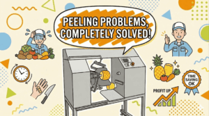 A pop-style eye-catching image for the pineapple peeler "FAP-3000." Next to the product photo, there is large text reading "Pineapples, Done in Seconds! Graduate from Manual Labor!" along with illustrated descriptions of specific benefits: "450-500 units/hr!", "Higher Yield!", and "Reduced Labor from 7 to 2 People!